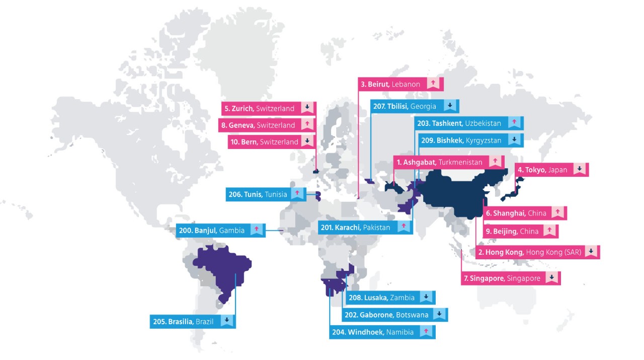 World map with most and least expensive cities