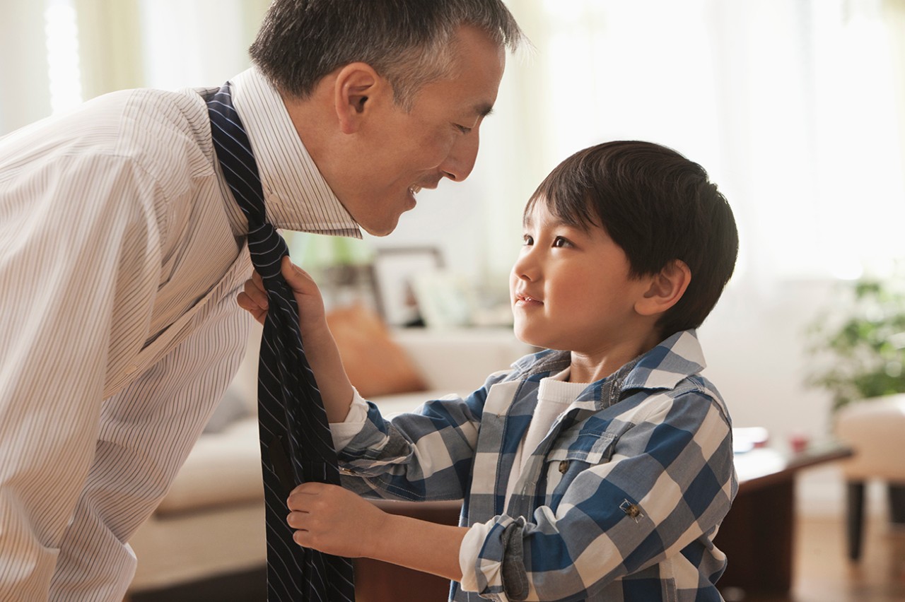 Boy helping father tie his tie, family, home, son, dad, man