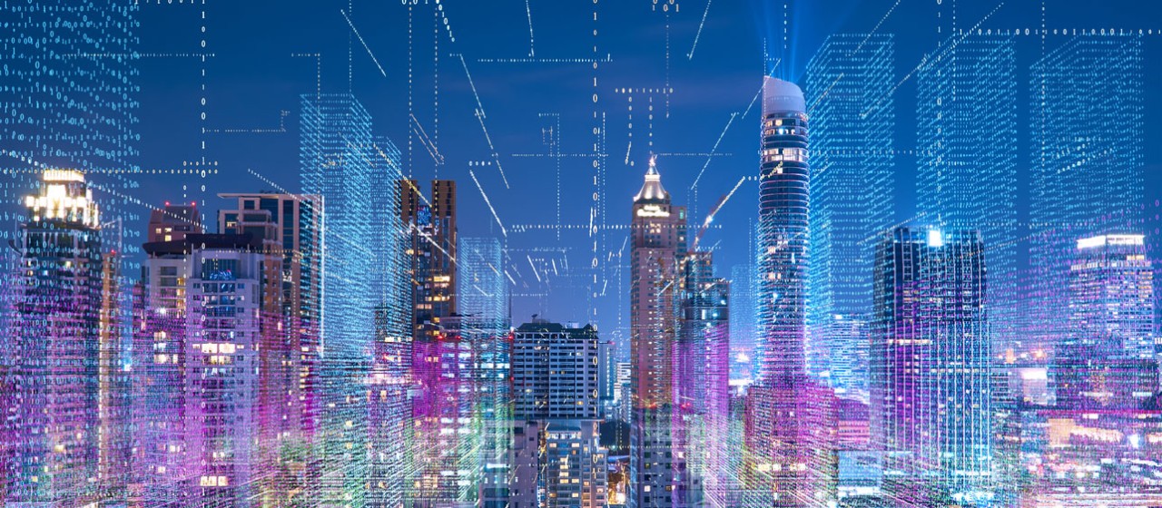 Smart cityscape with wireless network . Futuristic communication technology concept .